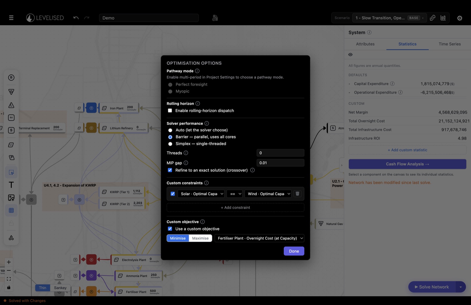 Optimisation options: custom constraints tying solar to wind capacity, and a custom objective.